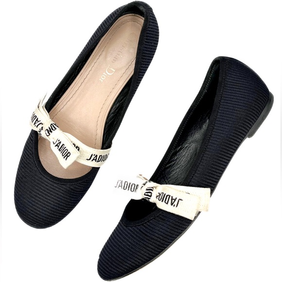 Dior J’Adior Two-Toned Black Fabric Ribbon Logo Mary Jane Ballet Flats - Picture 2 of 5